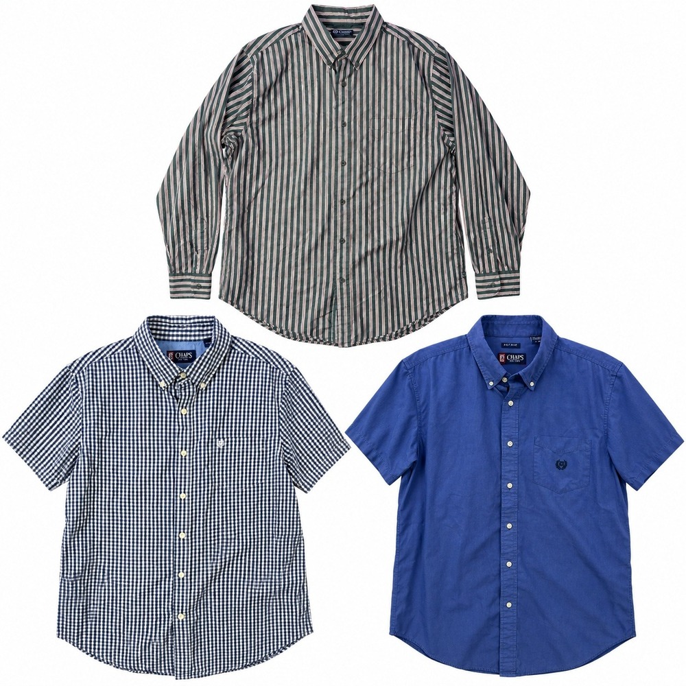 Chaps Lot of 3 Button Down Shirts Mens Large Blue Navy Cotton Gingham EUC